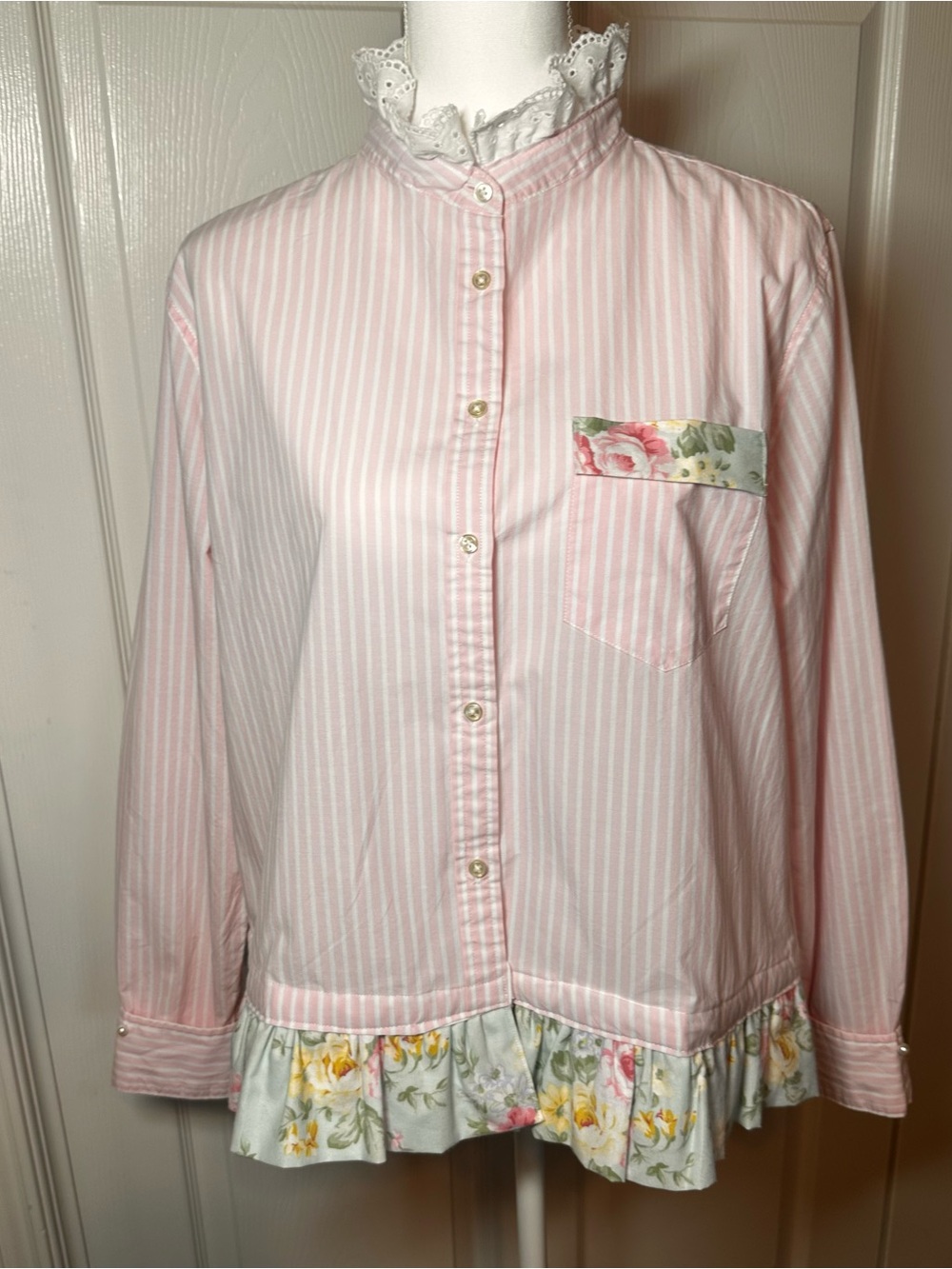 Pink Striped Ruffle Hem Button-Up Blouse